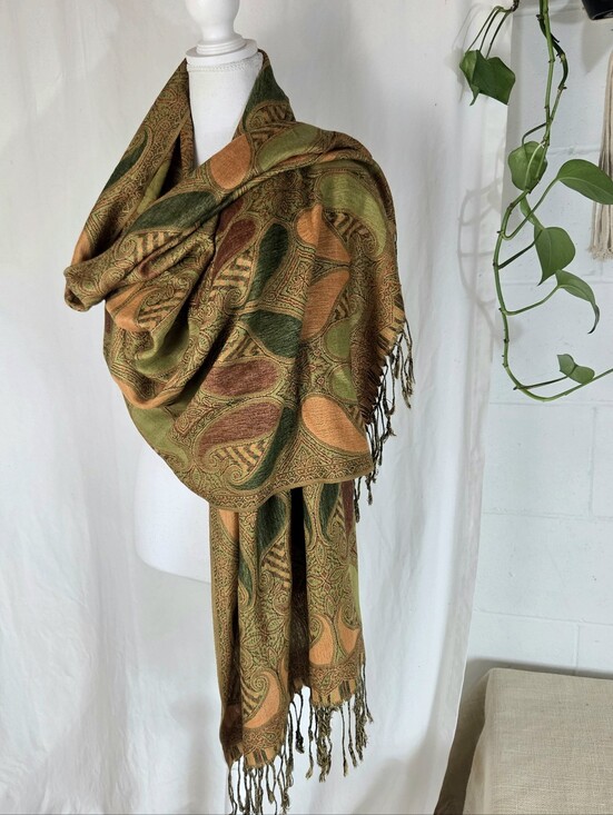 pashmina Accessories - Pashmina cashmere wool and silk paisley print fringe scarf wrap sz 28x72